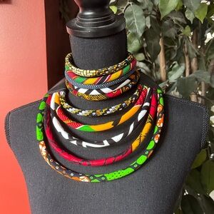 Three Piece Multicolor African Print Choker, Necklace and earrings
